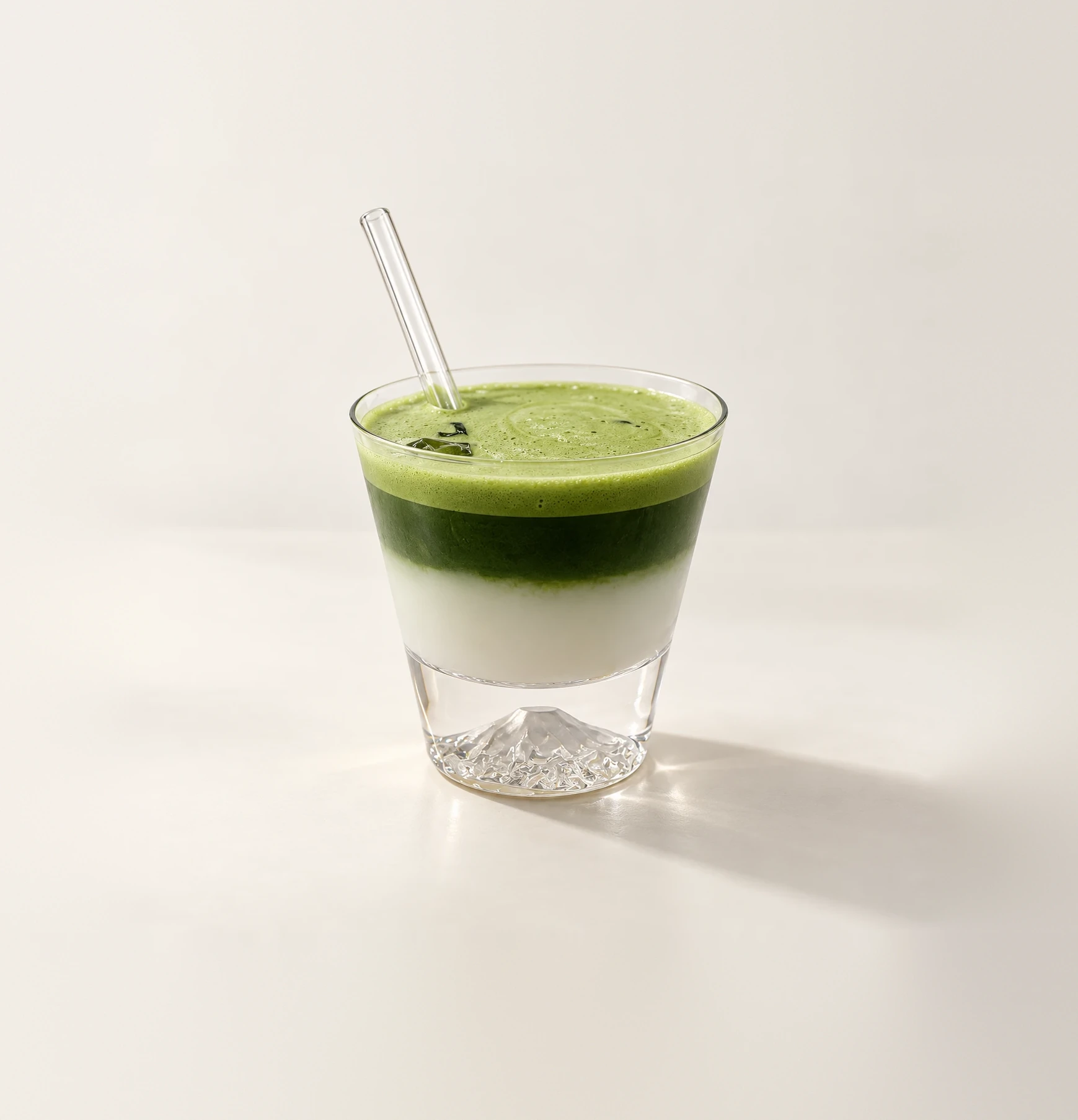 Iced Matcha Latte im Glas: Milch, darüber der Matcha-Shot